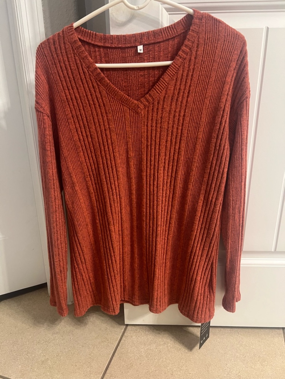 Classic Ribbed V-Neck Sweater in Rust - Women's